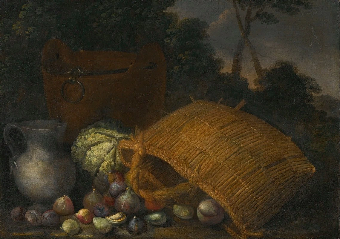 Un cesto rovesciato con frutta e verdura